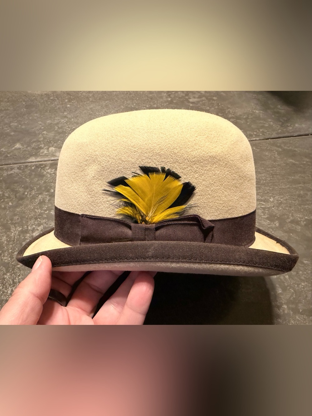 Vintage Derby Hat Beige 6 7/8 LeCheval LTC, KY Feathers Men’s